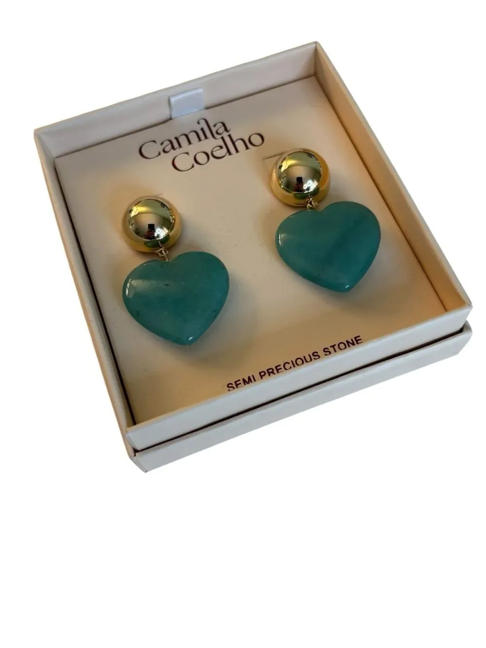 Camila Coelho Teal Green Heart Drop Earrings w/ Gold Tone Dome Studs.